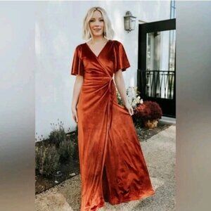 Baltic Born Rust Meghan Velvet Wrap Maxi Dress Sz Medium Flutter Sleeve